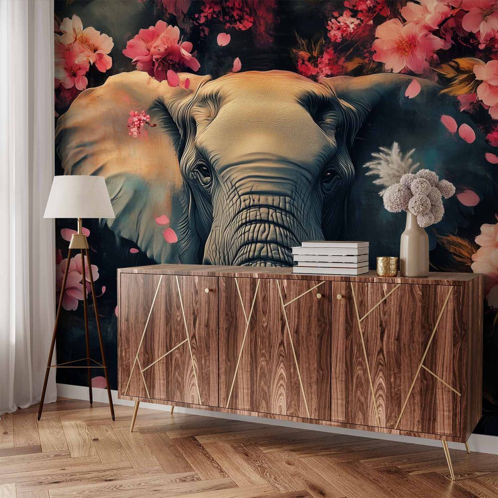 Alternative view of Grijze Olifant in Roze Bloemen behang