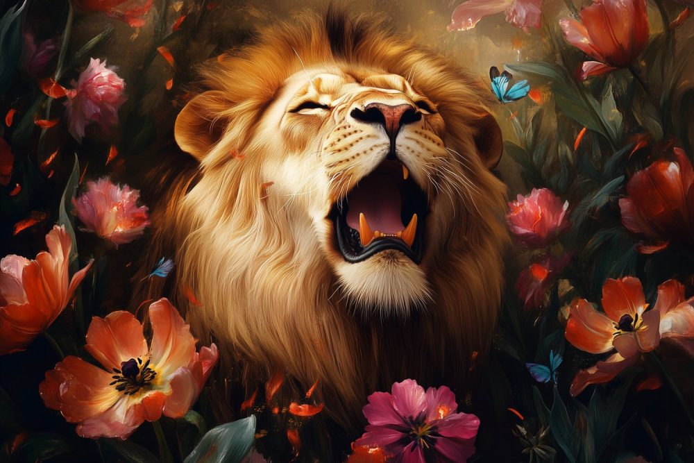 Majestueuze Leeuw Bloemenkrans behang