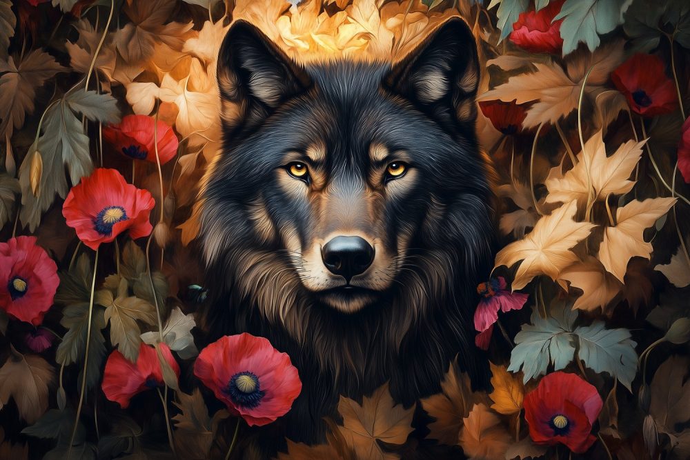 Wolf tussen herfstbloemen behang