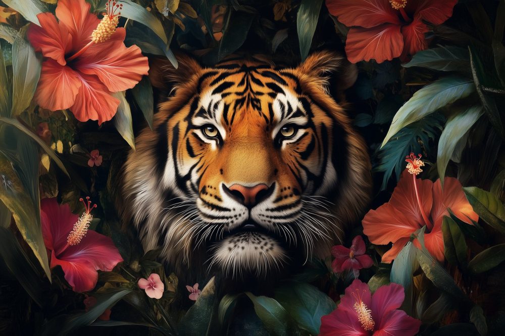 Tropische tijger met bloemen behang