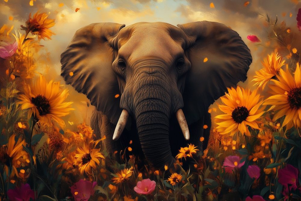 Majestueuze olifant tussen bloemen behang