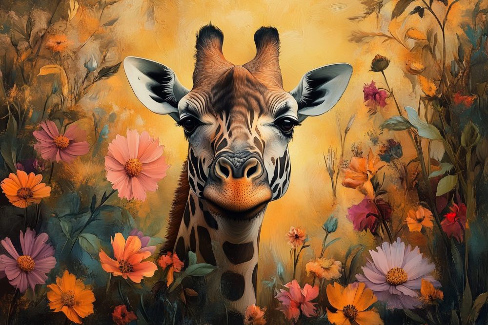 Vrolijke giraf tussen bloemen behang