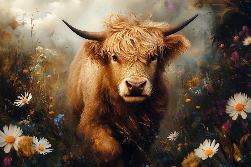 Rustige koe in bloemenveld behang