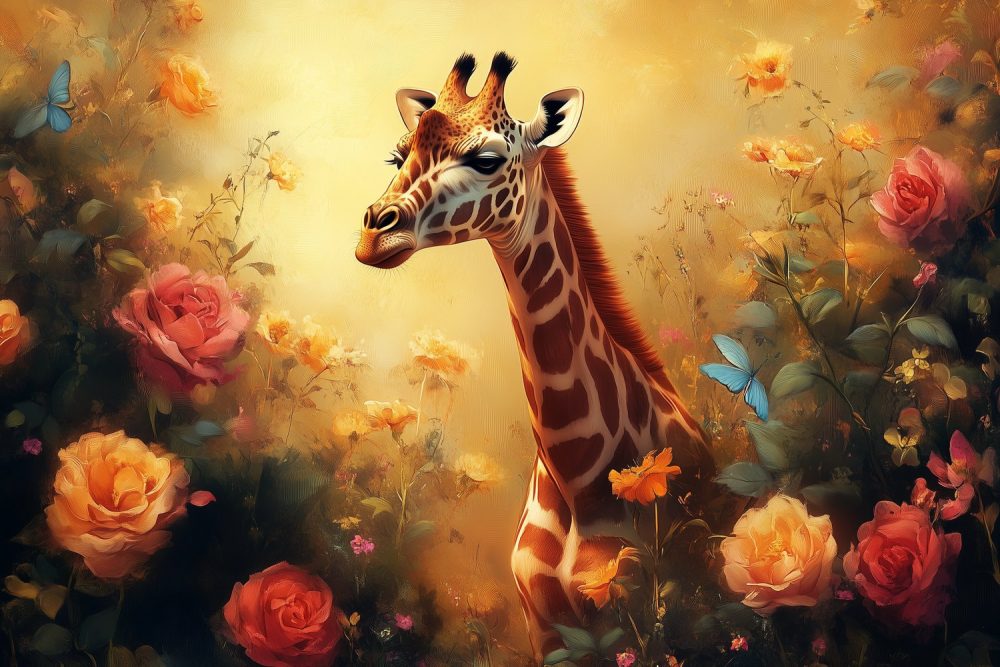 Vrolijke giraf in bloemenveld behang