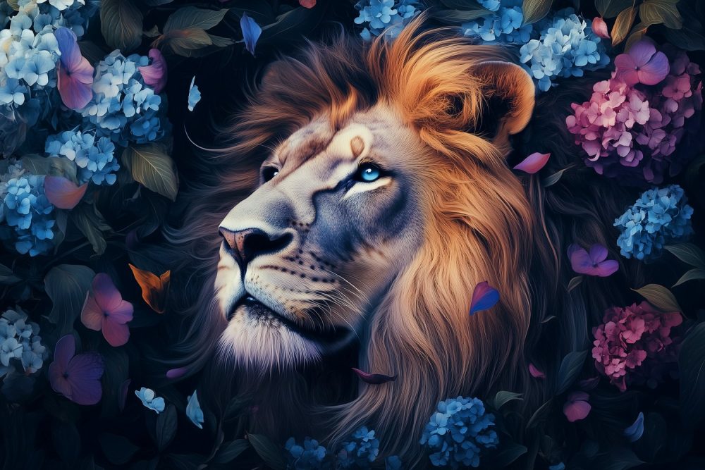 Koninklijke leeuw tussen bloemen behang