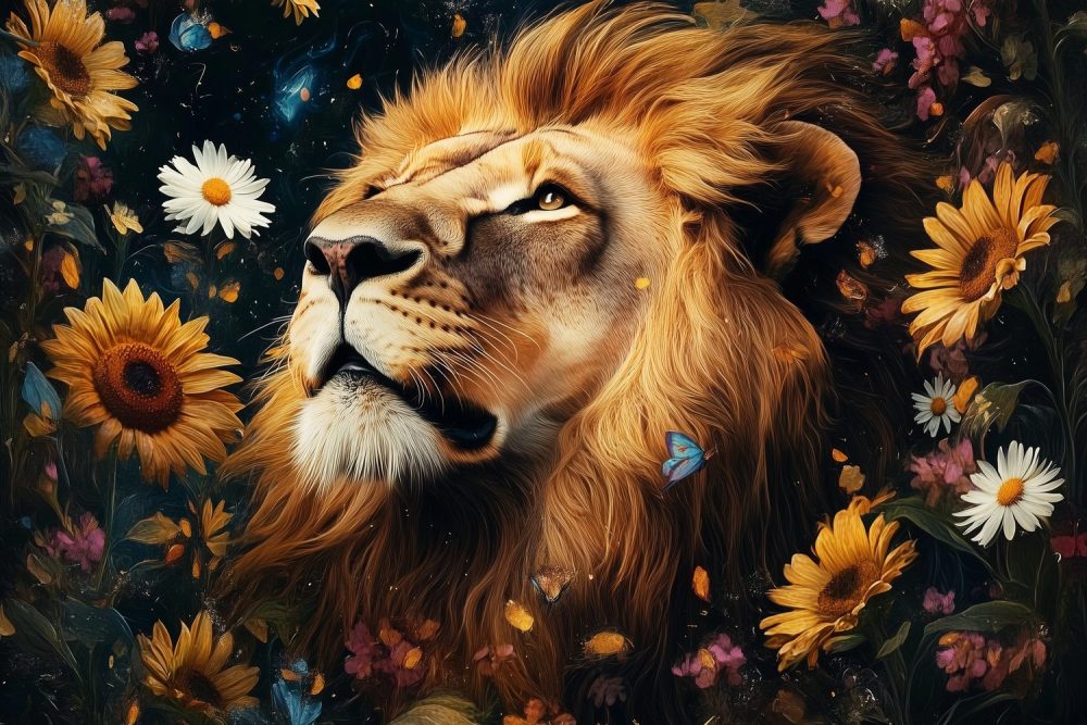 Koninklijke leeuw tussen bloemen behang