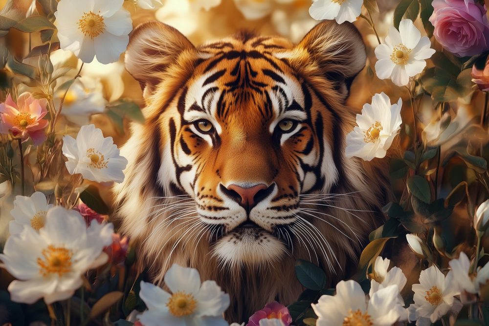 Tijger tussen bloemenpracht behang