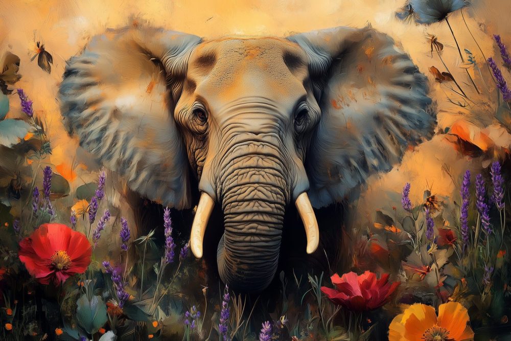 Kleurrijke olifant in bloemenveld behang