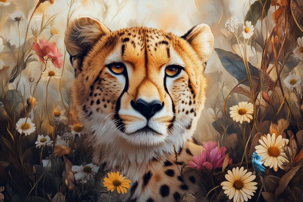 Cheetah in kleurrijke bloemenomgeving behang
