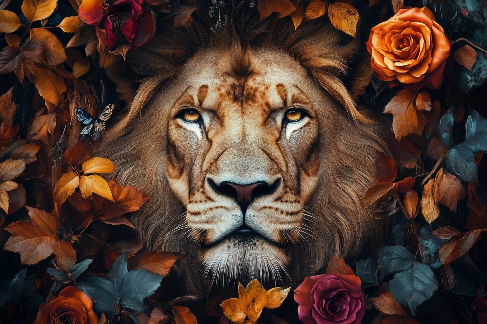 Majestueuze leeuw met herfstbladeren behang