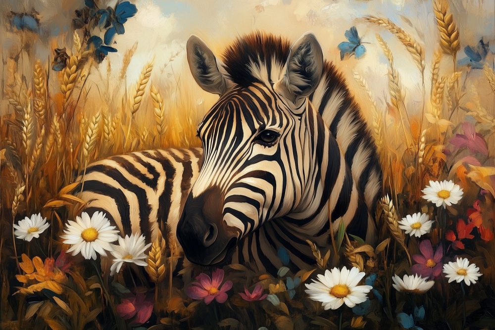 Zebra in bloemenveld behang