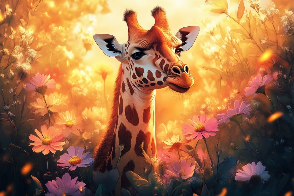 Zonnige giraf tussen bloemen behang