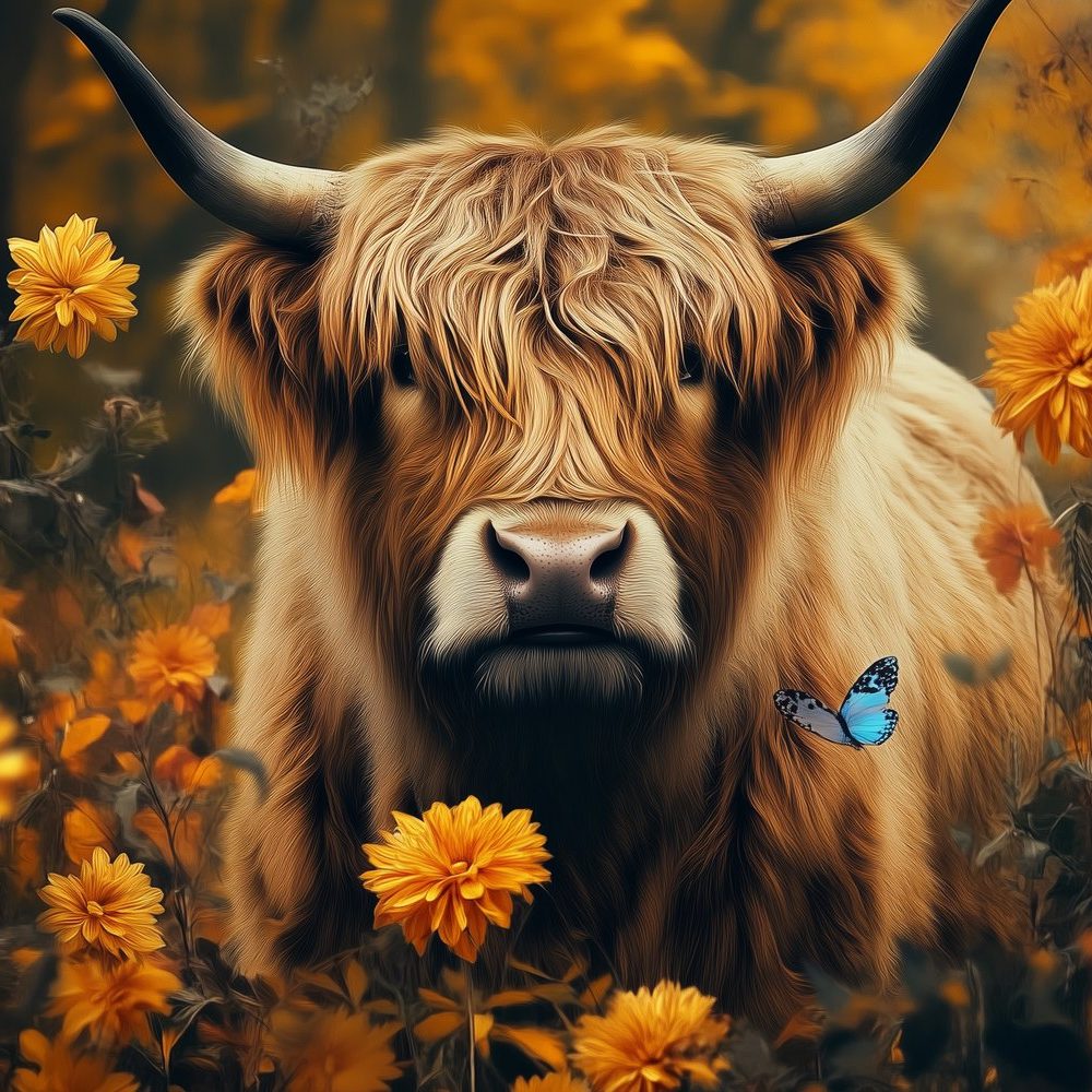 Dromerige Hoornkoe in Bloemenweide behang
