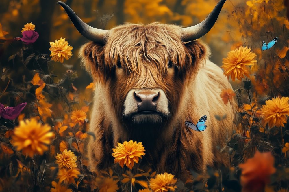 Dromerige Hoornkoe in Bloemenweide behang