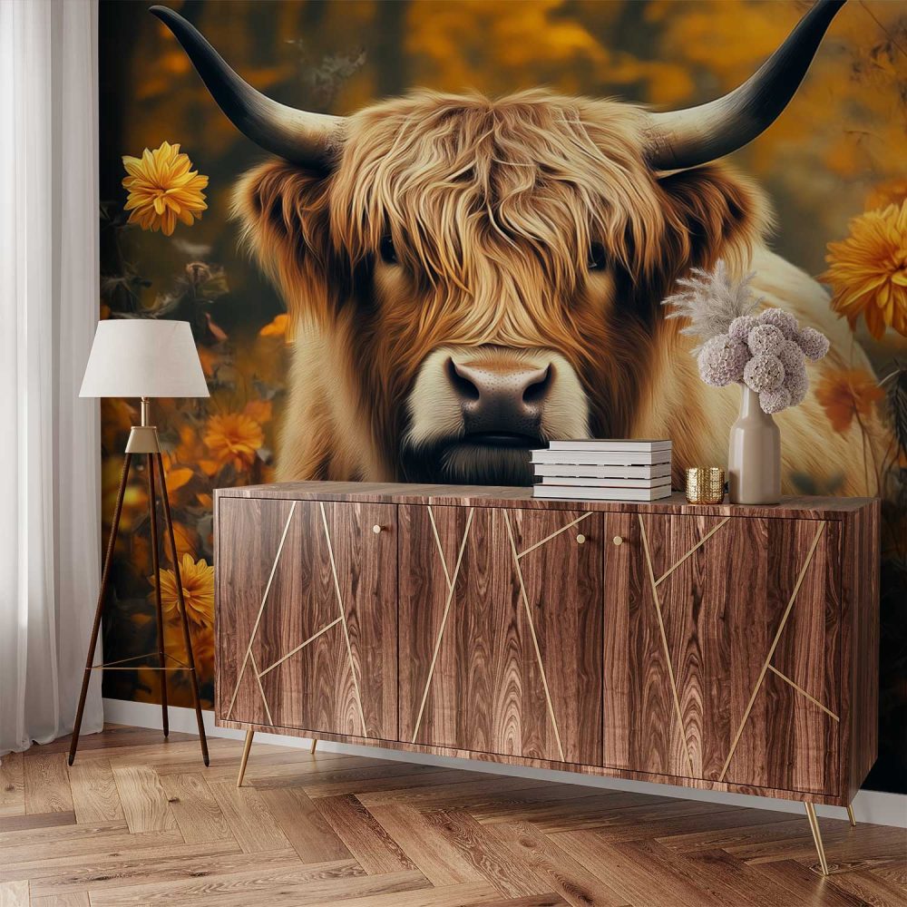 Alternative view of Dromerige Hoornkoe in Bloemenweide behang