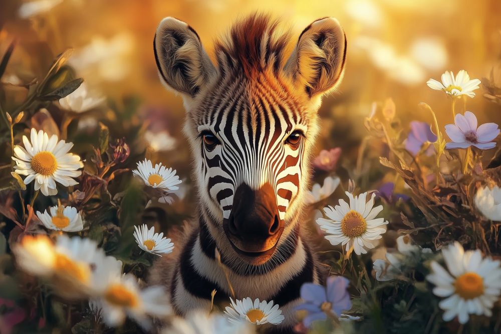 Zebra in bloemenveld behang