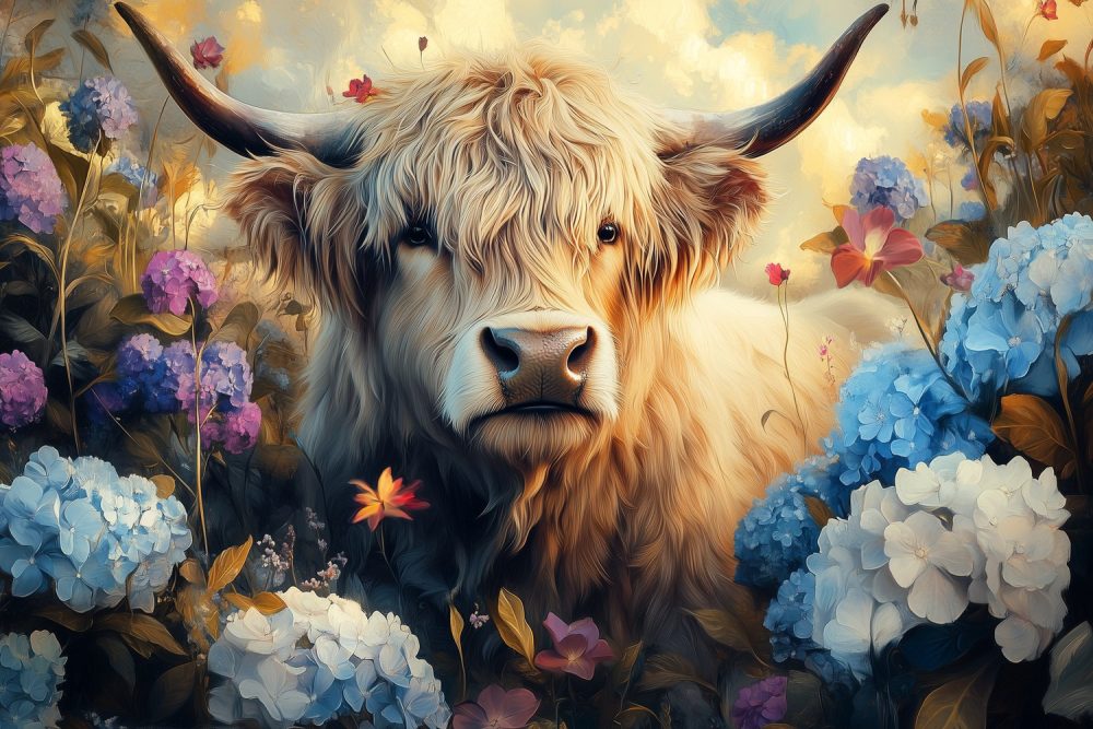 Kleurrijke tuin met gehoornd dier behang