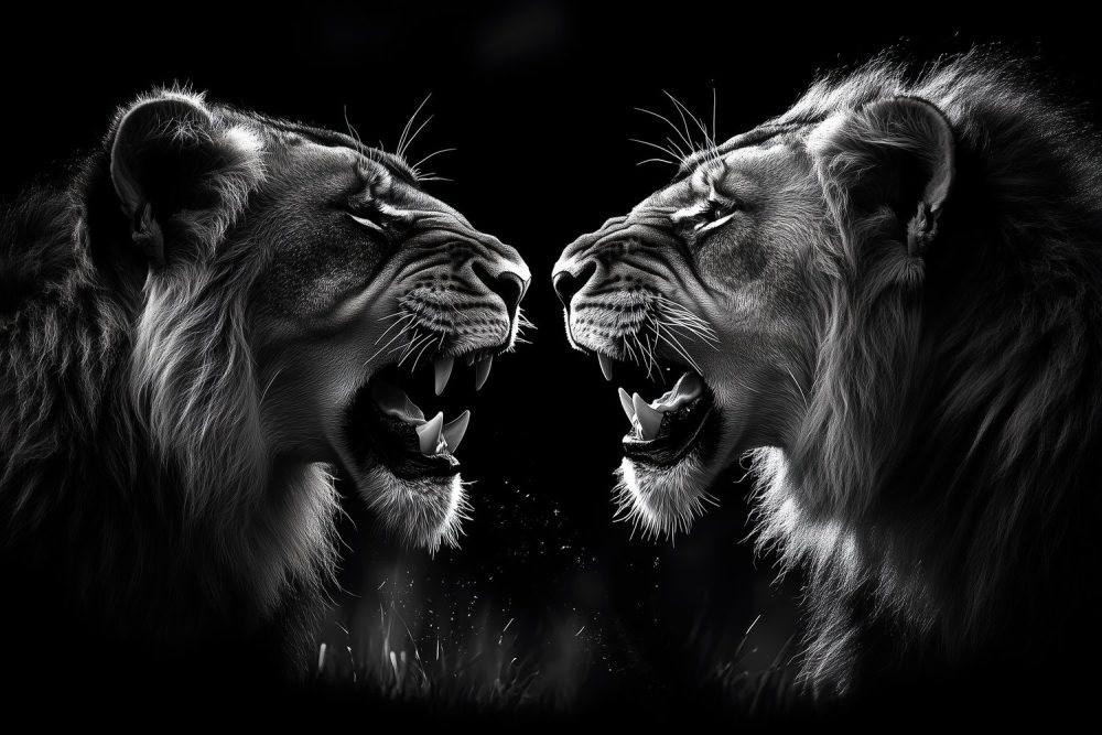 Strijdlustige brullende leeuwen behang