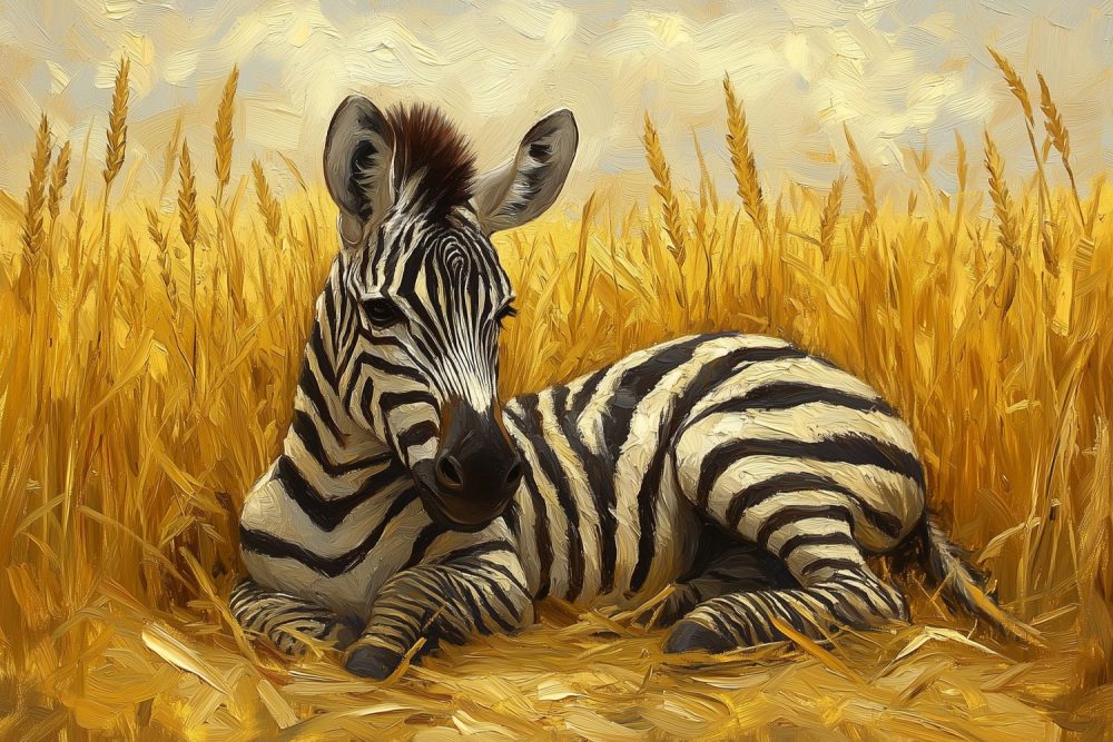 Impressionistische zebra in goudgras behang