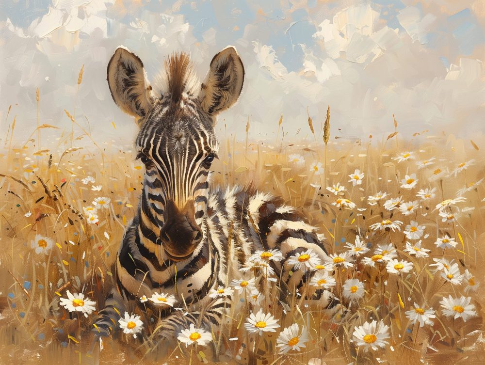 Rustende zebra in bloemenveld behang