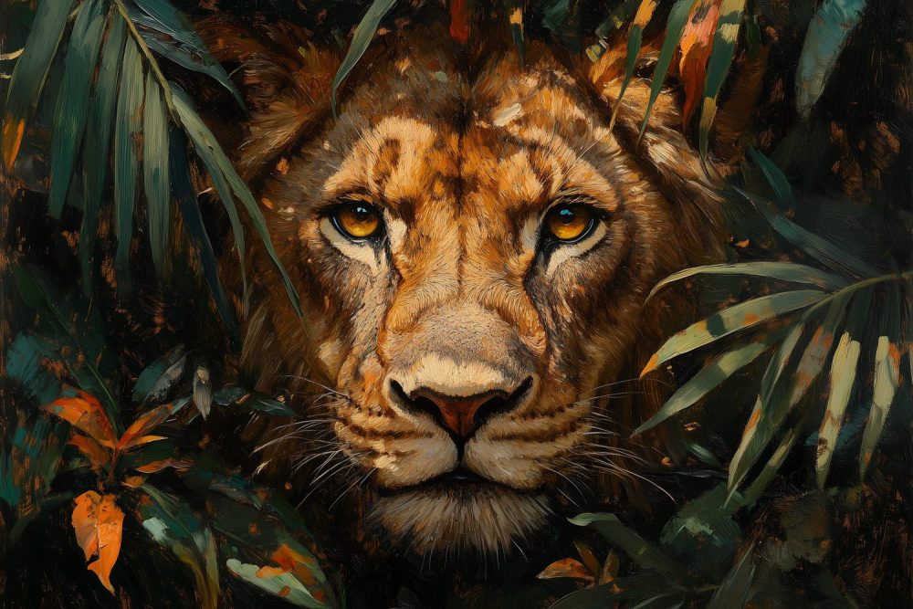 Majestueuze leeuwenportret in natuur behang