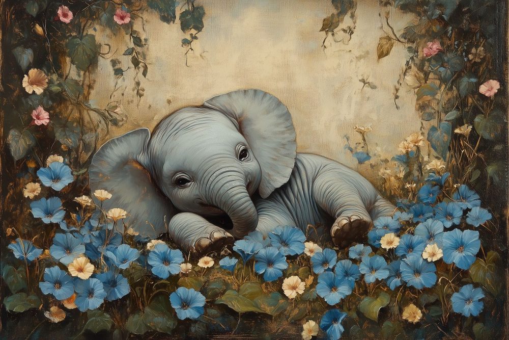 Slapend olifantje in bloemenveld behang