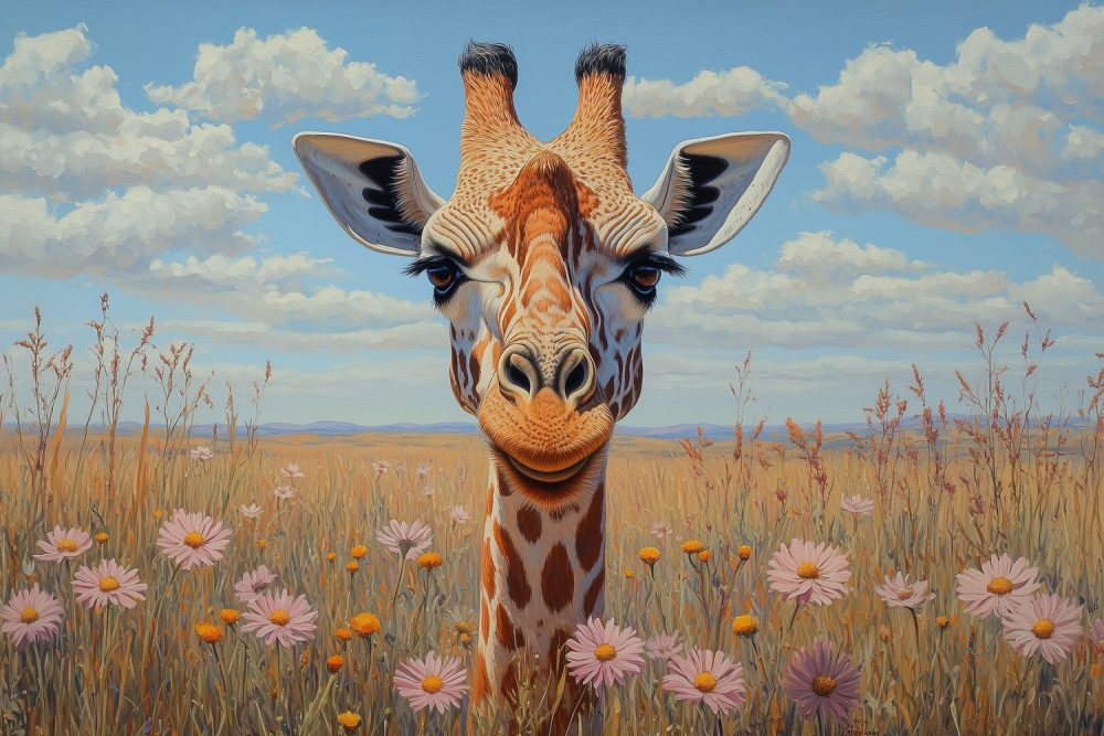 Giraf in bloemenveld behang