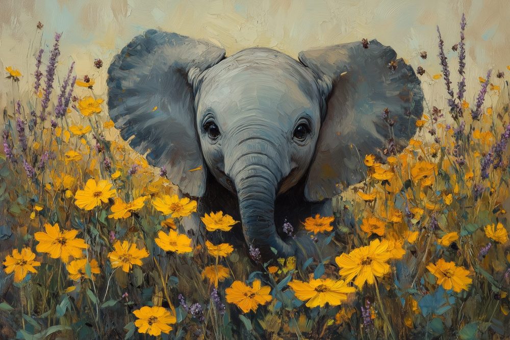 Impressionistisch babyolifant bloemenveld behang