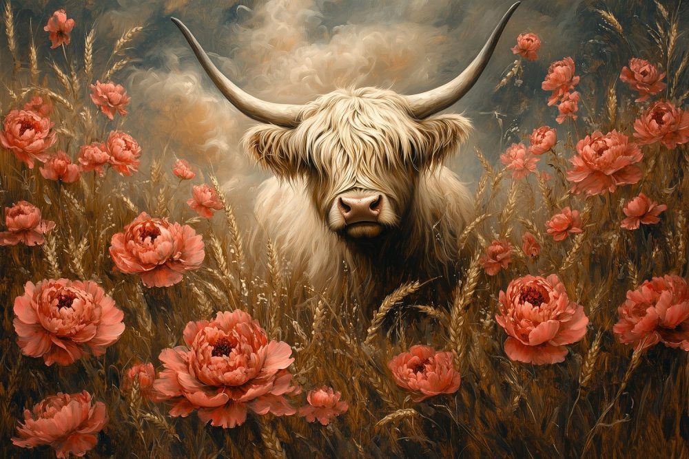 Witte koe in rood bloemenveld behang