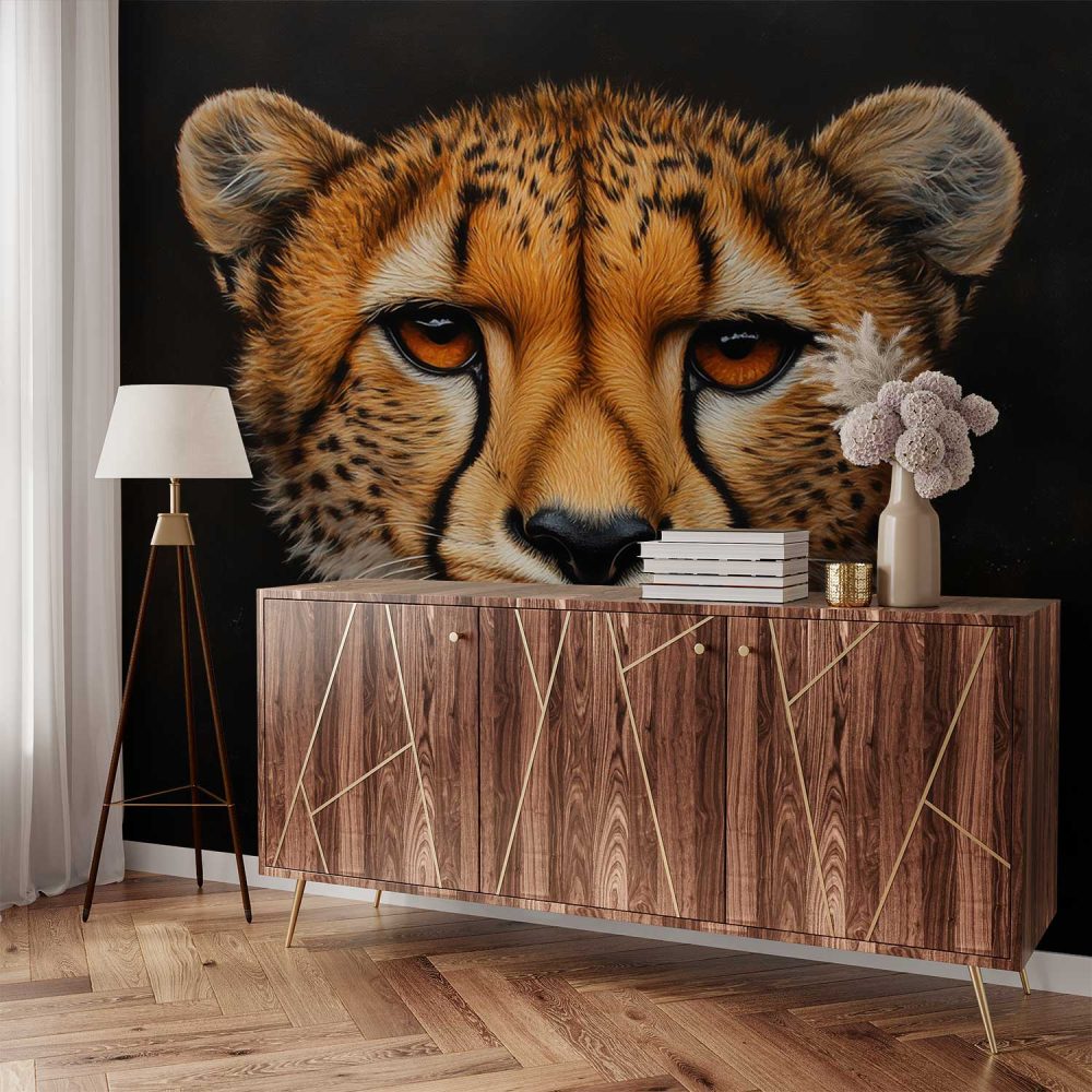 Alternative view of Adembenemende cheeta close-up portret behang