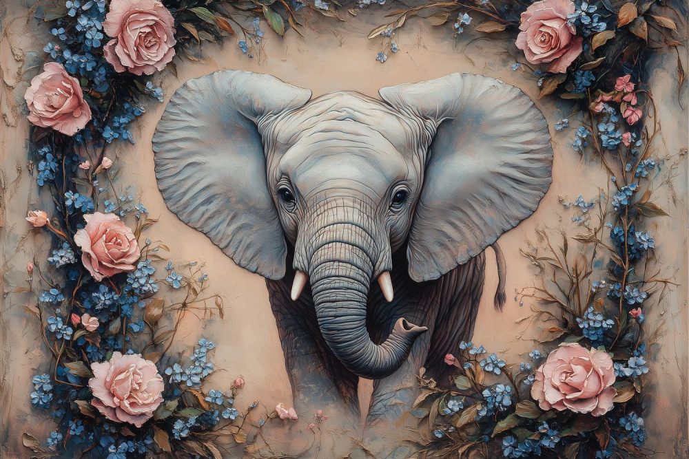 Olifant omringd door bloemen behang