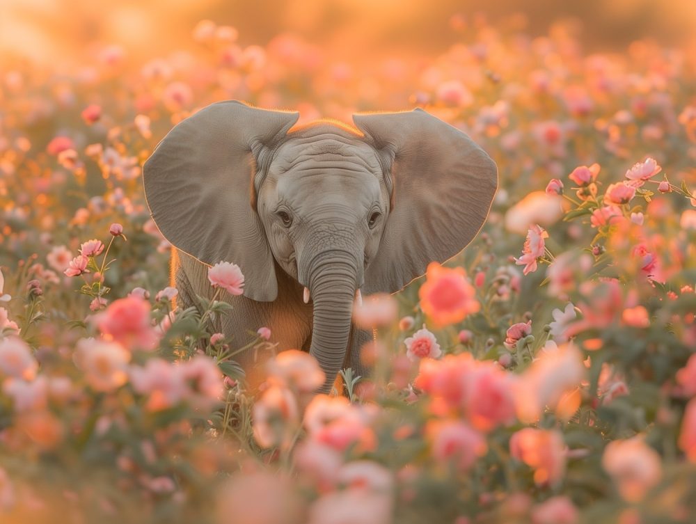 Majestueuze olifant in bloemenveld behang