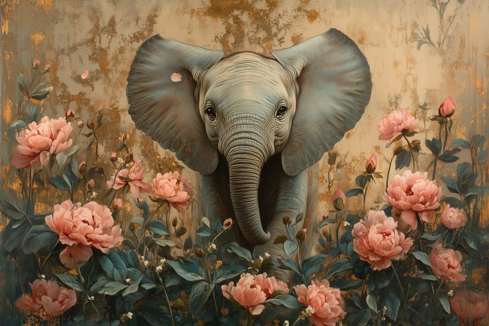 Roze bloemenolifant in harmonie behang