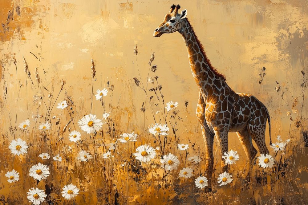 Gouden giraf in bloemenveld behang