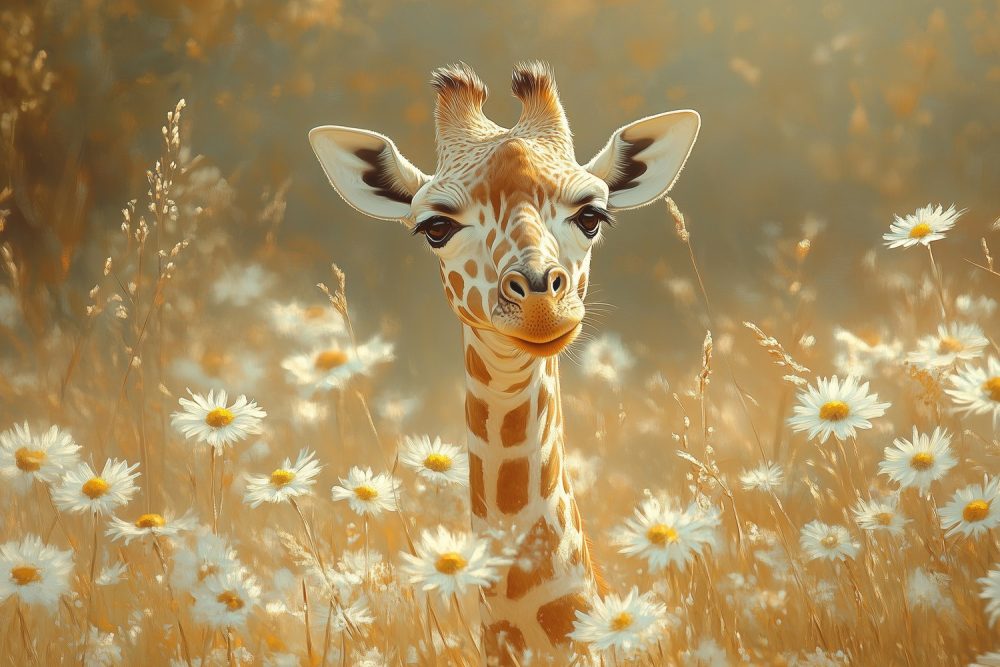 Giraf tussen witte madeliefjes behang