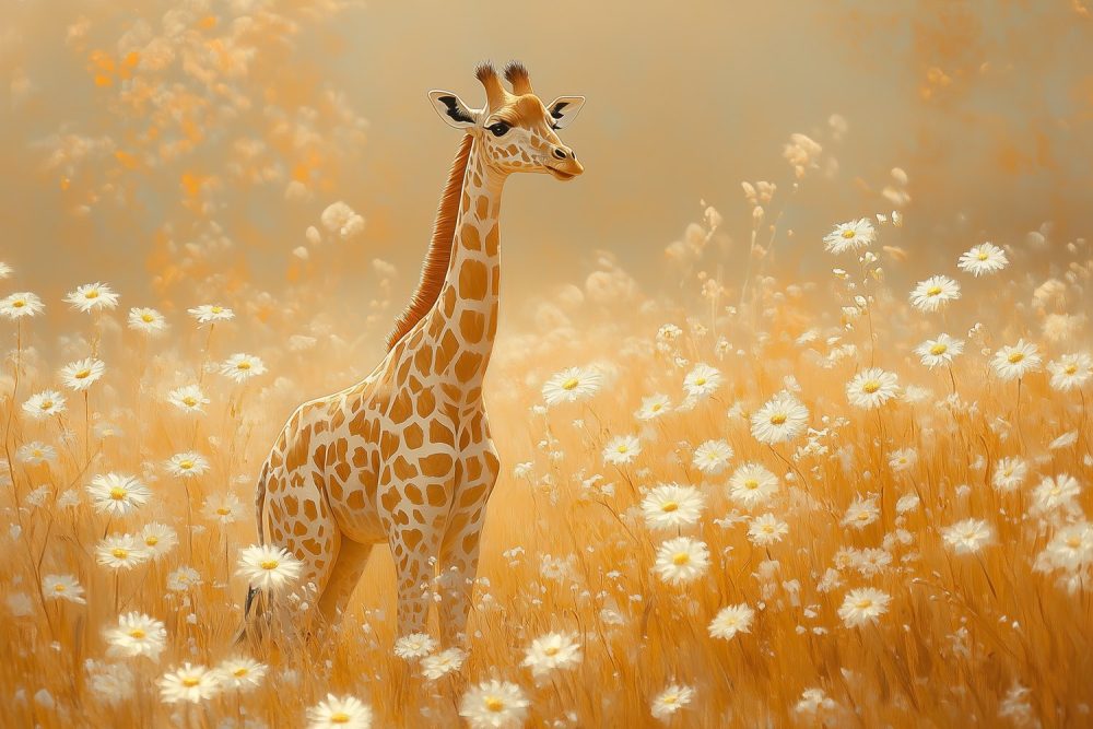 Giraf in bloemenveld behang