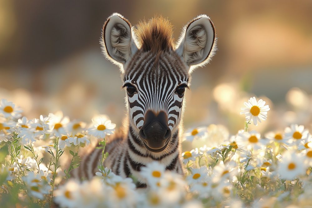 Zebra tussen witte madeliefjes behang