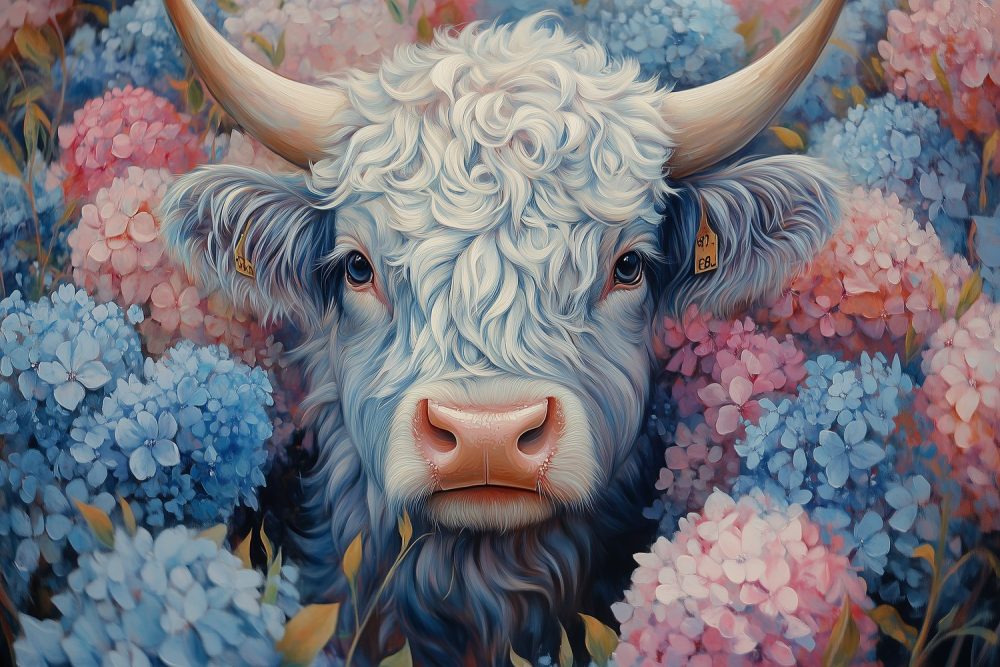 Witte koe tussen bloemenpracht behang