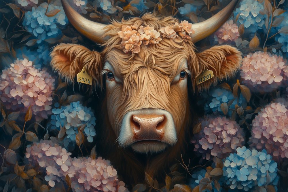 Gekroonde koe in bloemenpracht behang