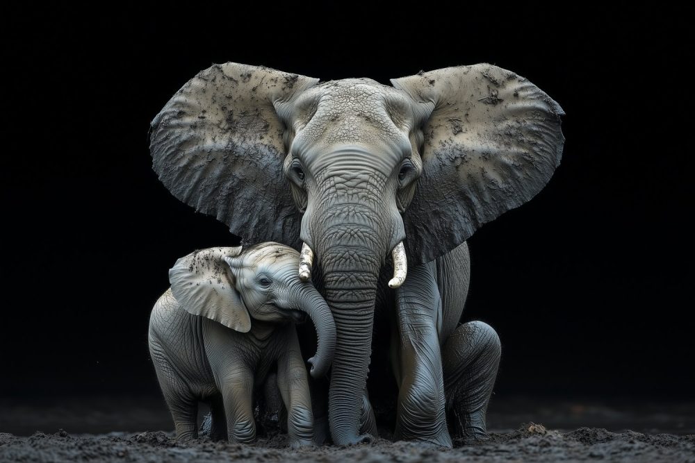 Moeder en baby olifant behang