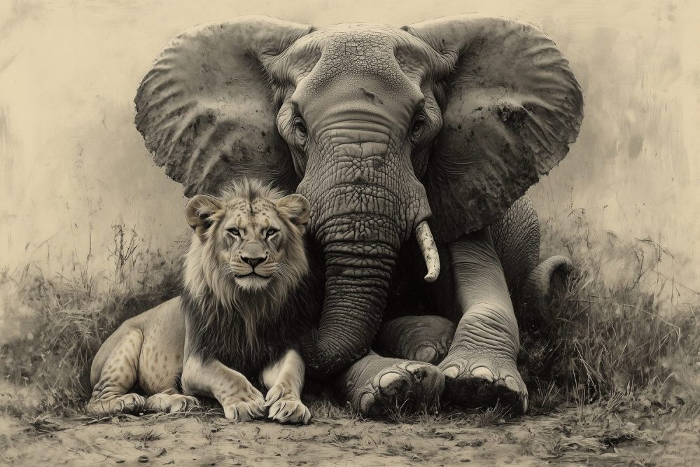 Leeuw en olifant samen behang