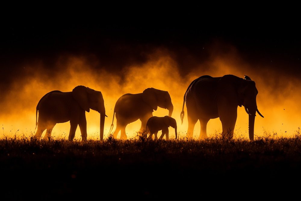 Zonsondergang met olifantensilhouetten behang