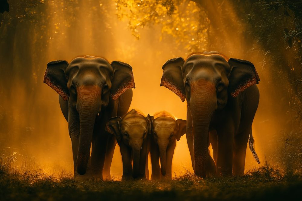 Warme olifantenfamilie in bos behang