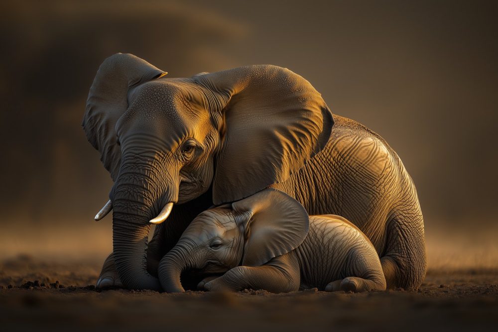 Liefdevolle olifantenmoeder en kalf behang