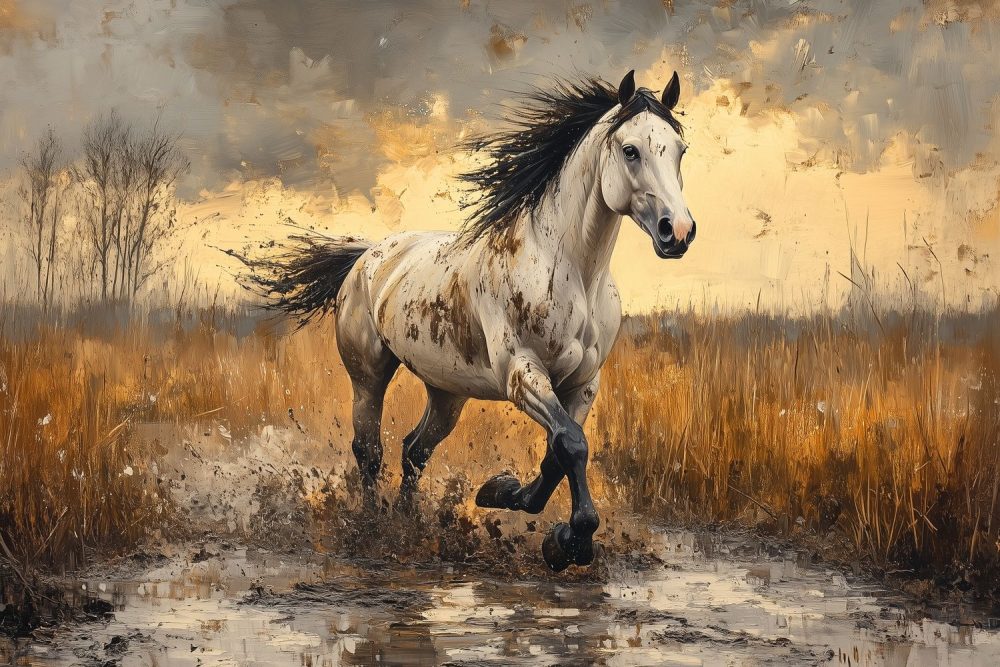 Wit Paard in Modder behang