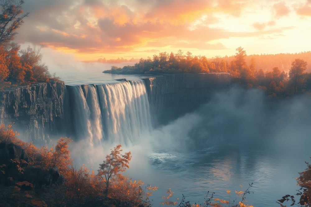 Mistige Zonsondergang Waterval behang