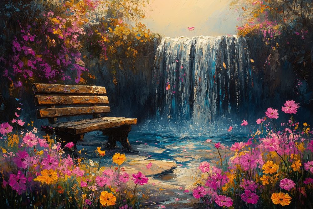 Kleurrijk watervalbankje schilderij behang
