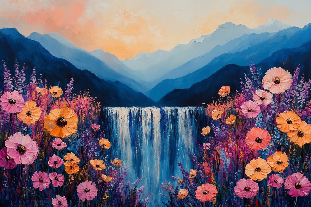 Levendig waterval bloemenlandschap behang