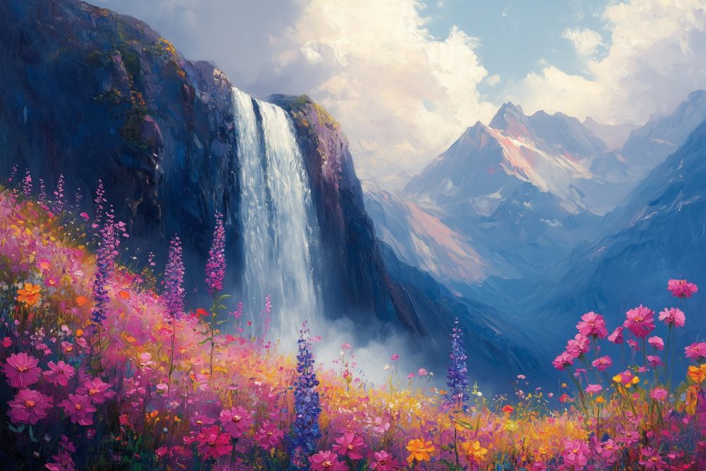 Kleurrijke Waterval Natuurschilderij behang
