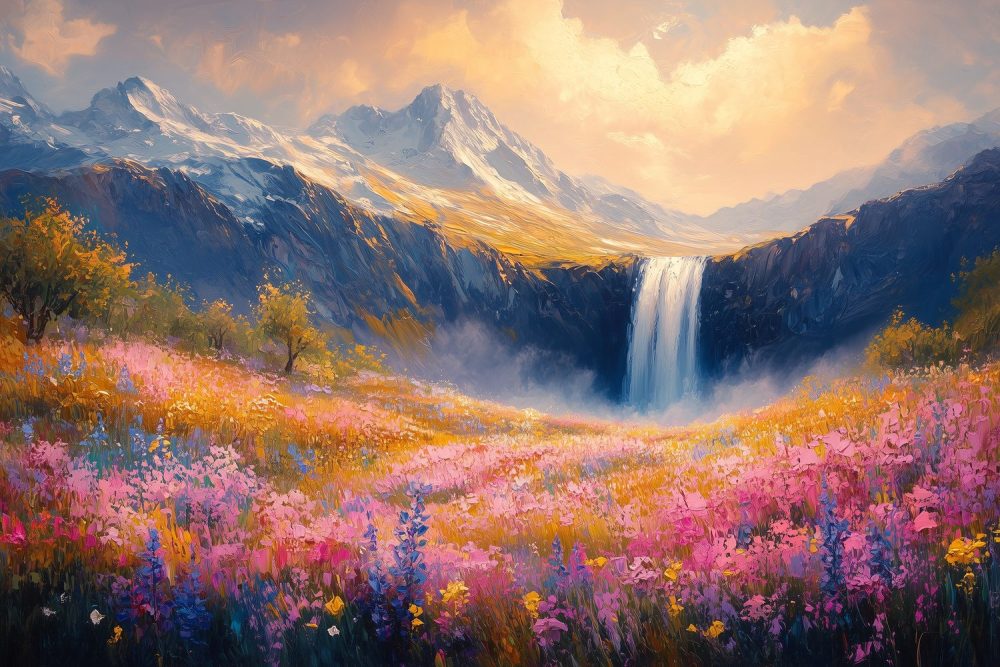 Kleurrijk Berglandschap Met Waterval behang
